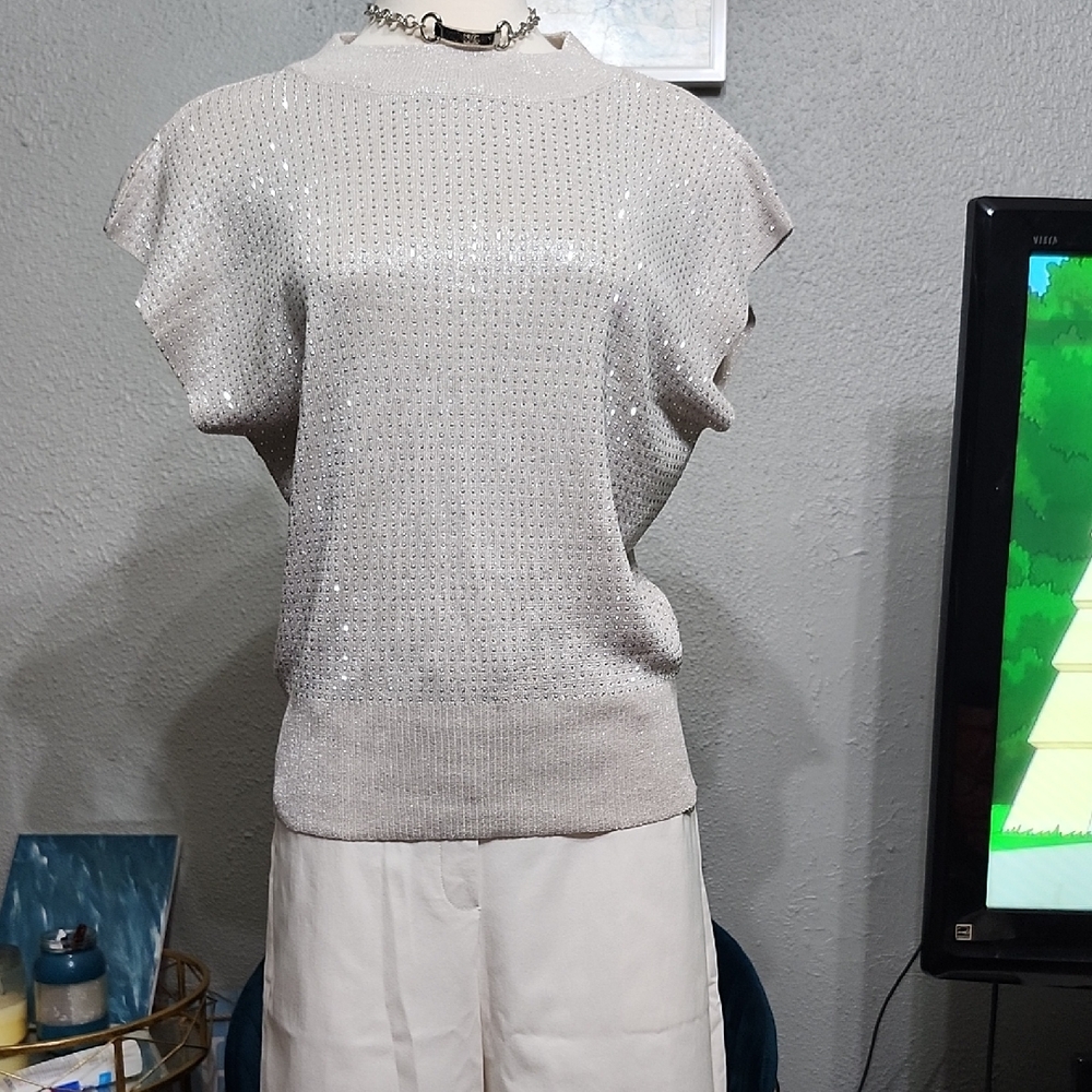 On Twelfth Sparkling Silver/Beige Short Sleeve Knit Top Sz.XL